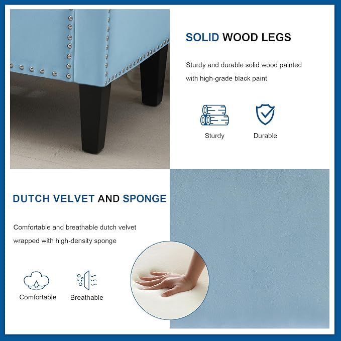 Storage Ottoman Bench, Velvet Upholstered Footstool for Bedroom and Living Room, Tufted Seat with Storage, Wooden Legs & Metal Rivets, Light Blue