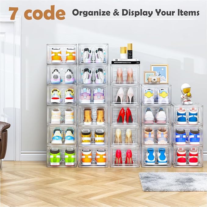 Large Thick Clear Shoe Organizer, Magnetic Door Stackable Shoe Storage Box | Foldable Shoe Storage Boxes for Sneakers & Boots, Space-Saving Closet Shoe Cabinet with Clear Magnetic Door, 9 Pack White