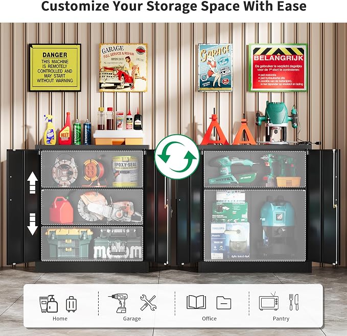 Metal Garage Storage Cabinet, Durable Metal Storage Solution | 35.4" Steel Garage Organizer Cabinet with Doors and Adjustable Shelves, Lockable File Cabinet for Home, Office, Tools