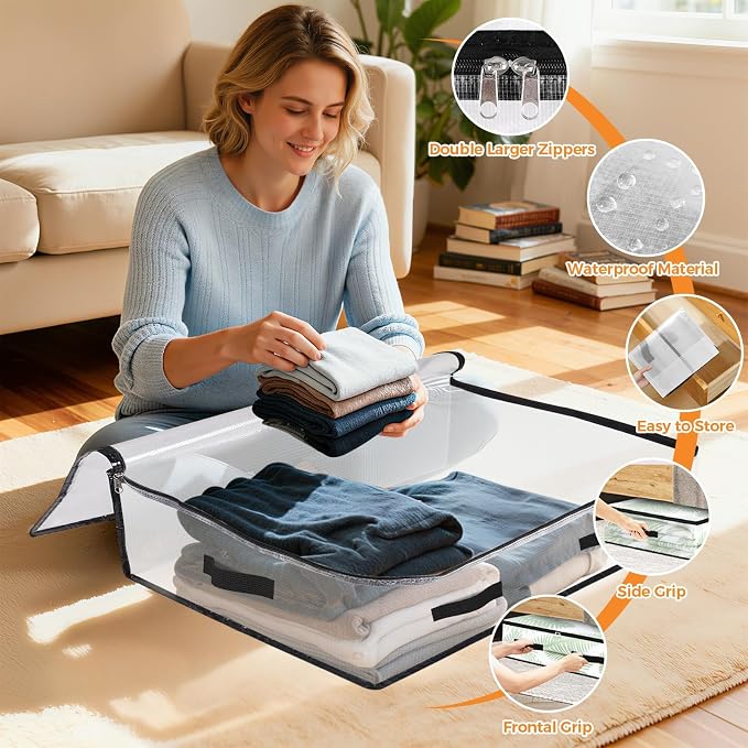 8 Pack Under Bed Storage Bags, 60L Foldable Clear Containers with Handles | Dual Zipper Storage Bins for Comforters, Bedding, Blankets, Closet Organizer for Clothes, Linen Sheets, Sweaters