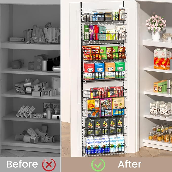 ElegantArray 8-Tier Pantry Door Organizer, Black | Over The Door, Hanging Spice Rack Shelves, Home Office Laundry Room Bathroom & Kitchen, Storage Rack