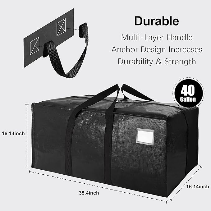 6 Pack Heavy Duty Extra Large Moving Bags W/Backpack Straps - Strong Handles & Zippers, Storage Totes For Space Saving, Fold Flat, Alternative to Box and Bin (40 gal, Black)