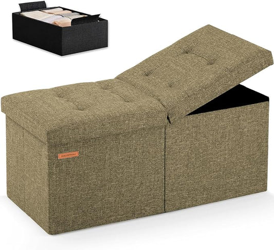 HAUSFRAU Ottoman with Storage Bench Folding Foot Rest Stool Linen Kaki | 31.5", Flip Lid, Small Upholstered Foldable Footrest Footstool, Bedroom Bench, Living Room Dorm Ottoman, Rectangle