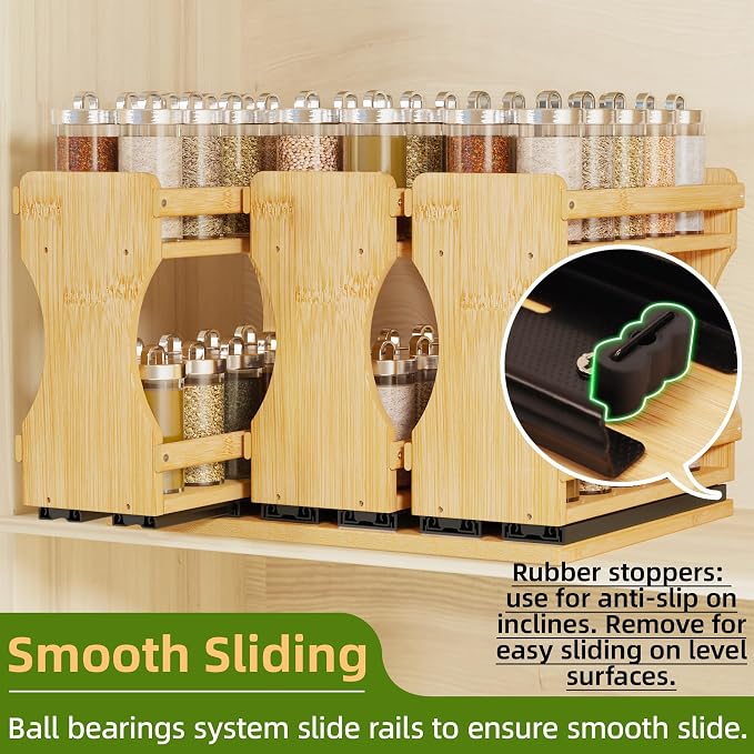 BAMEOS Pull Out Spice Rack Organizer for Cabinet, Bamboo Wide 13.9" Slide Out Seasoning Organizer for Kitchen, No Drill Anti-Tip Ball Bearing Silent Glides, Pantry Cabinet Organizer,Natural