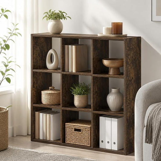 9-Cube Cubicle Bookshelf, Cube Bookcase with Open Back, Reversible Book Shelf, Cube Storage Organizer, 15 x 44 x 44, for Living Room, Home Office, Amber Pine