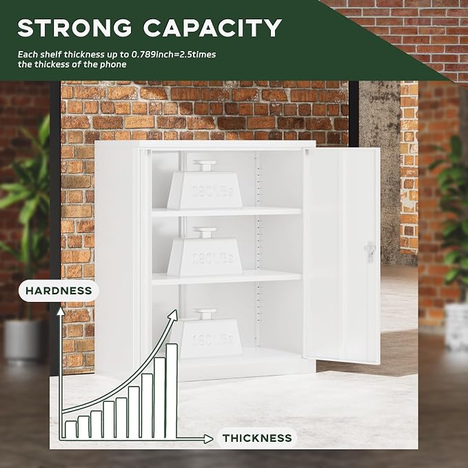 Greenvelly Metal Storage Cabinet, 36" Locking Storage Cabinet with Doors and Shelves, Lockable Storage Cabinets for Home Office, Utility Locker Cabinet, Steel Garage Cabinet with 2 Keys, White Grey