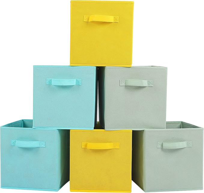 Stero Fabric Storage Bins 6 Pack Fun Colored Durable Storage Cubes with Handles Foldable Cube Baskets for Home, Kids Room, Closet and Toys Organization Cyan, Green, Yellow