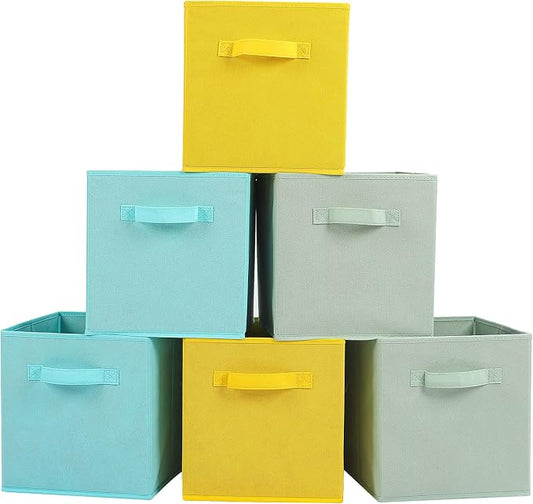 Stero Fabric Storage Bins 6 Pack Fun Colored Durable Storage Cubes with Handles Foldable Cube Baskets for Home, Kids Room, Closet and Toys Organization Cyan, Green, Yellow