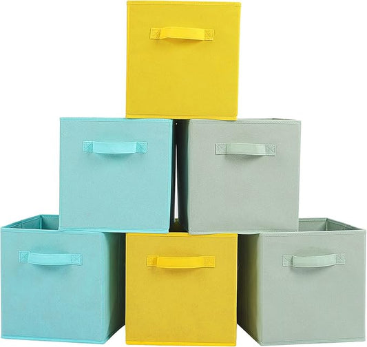 Stero 13x13x13 Inch Fabric Storage Bins 6 Pack Fun Colored Storage Cubes with Handles Foldable Cube Baskets for Home, Kids, Closet and Toys Organizer, Cyan, Green, Yellow