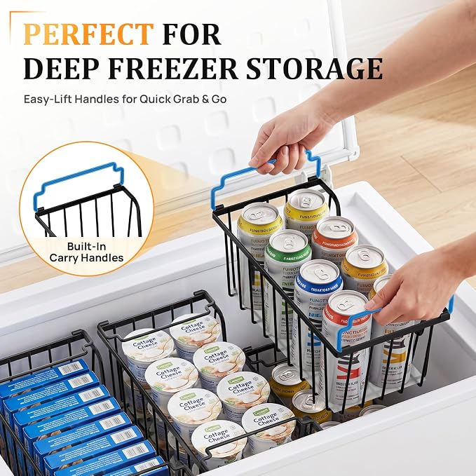 SUNALLY Stackable Storage Bins 6 Pcs Wire Baskets Freezer Organizer, Black | Pantry Organizers Storage, Vegetable Fruit Storage Basket for Countertop, Kitchen Baskets for Onion Potato Snack Cans Storage