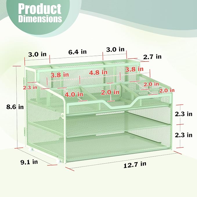 Docnest 3 Tier Mesh Desk Organizer with Letter Tray & Paper Sorter, Green | Features 3 built-in pen holders & 5 adjustable compartments on top. Includes 4 non-slip rubber feet for desk protection