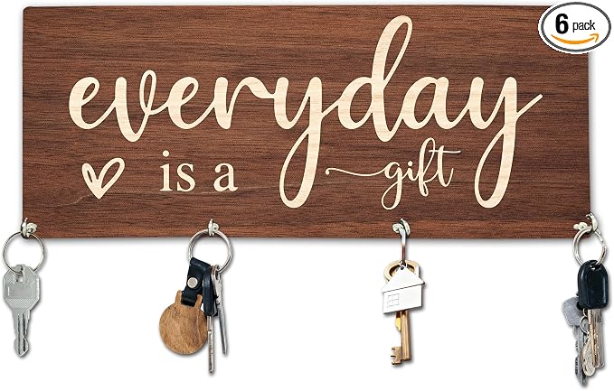 Everyday is A Gift Wooden Key Holder for Wall - 5"x10" Key Organizer Hanger with 4 Hooks for Home Front Door Hallway Entryway Kitchen - Home Office Decor & Housewarming Gifts Supplies - A04