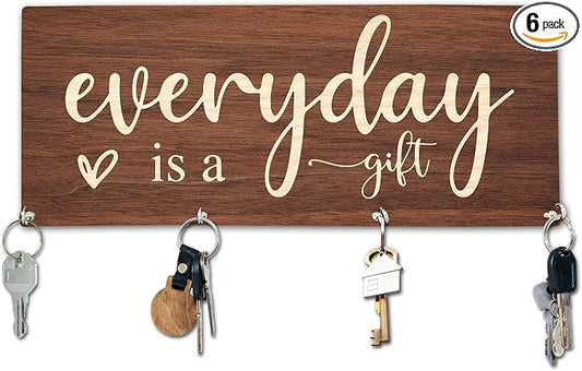 Everyday is A Gift Wooden Key Holder for Wall - 5"x10" Key Organizer Hanger with 4 Hooks for Home Front Door Hallway Entryway Kitchen - Home Office Decor & Housewarming Gifts Supplies - A04