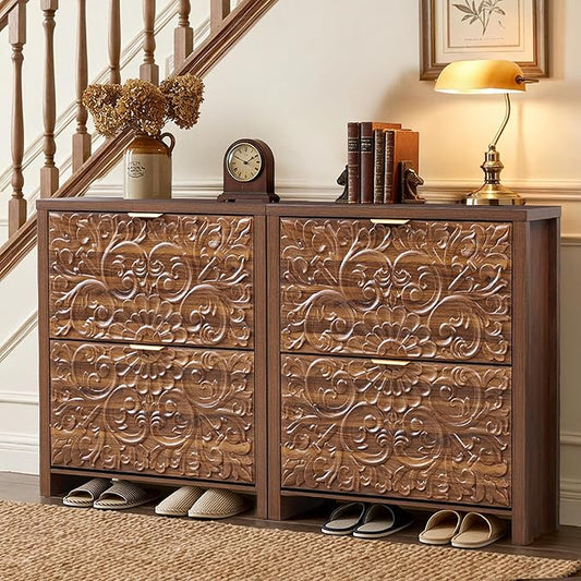 weselon Flip Drawer Shoe Cabinet Set of 2, Narrow Shoe Storage Cabinet, 2-Tier Hidden Shoe Organizer with Carved Floral for Entryway, Slim Shoes Storage for Hallway Foyer (2, Walnut)