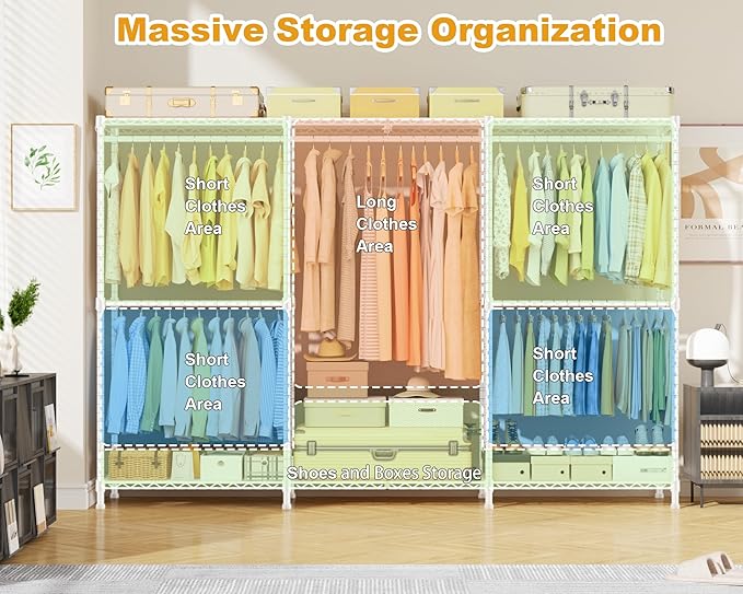 E14C Max Heavy Duty Closet Organizer System，Freestanding Clothing Racks for Hanging Clothes，Adjustable Garment Rack 86" W × 16" D × 77" H Hold 1060 lbs，White Rack with White Cover