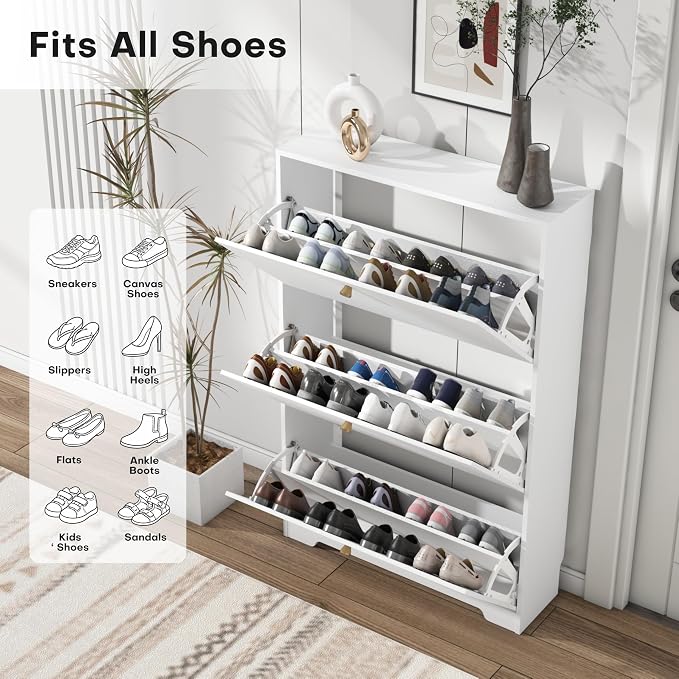 Nicetree Shoe Cabinet with 3 Flip Drawers, Modern Entryway Organizer, White | Narrow Shoe Organizer, Freestanding Shoe Rack Cabinet, Modern Shoe Storage Cabinet for Entryway, Hallway, Foyer, With Hook