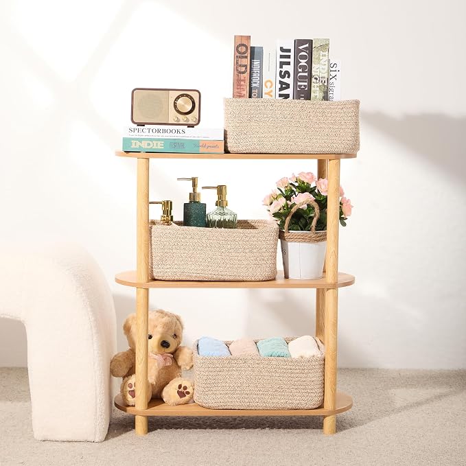 MiniArk Small Storage Baskets for Organizing | Closet Organizer Bins | Shelf Toy Basket | Woven Rope Baskets | Cube Decorative Box | Shallow Basket | 13x8.5x5.1” | 3 Packs Mixed Brown