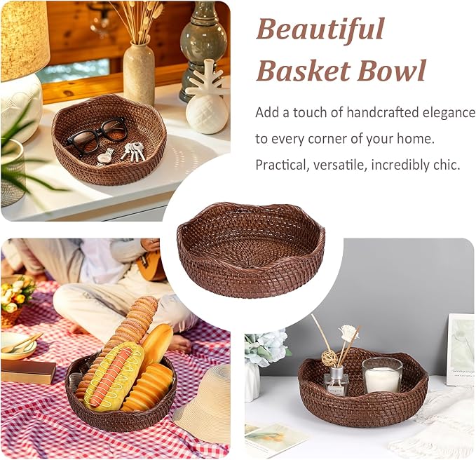 Hipiwe 10" Round Key Tray for Entryway Table Handwoven Wicker Basket Bowl | Decorative Basket Bowl for Cake Bread Fruit Serving Tray Handwoven Basket Tray for Kitchen Coffee Table Bathroom