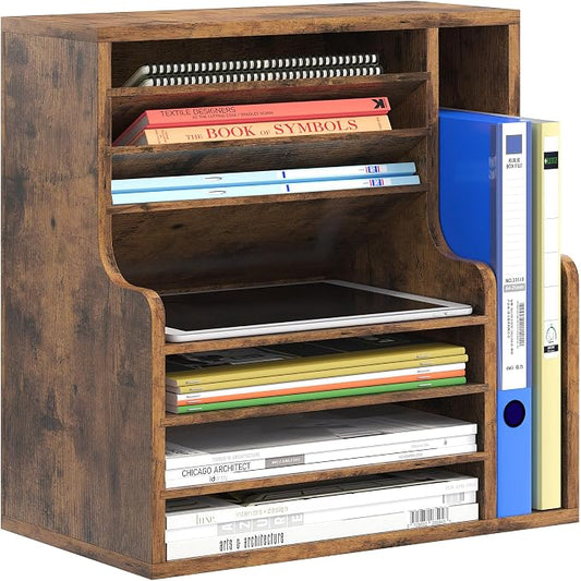 Wood Desktop File Holder Organizer Mail Sorter for File Folders, Mails, Envelopes or Magazines, 8 Compartments (Brown)