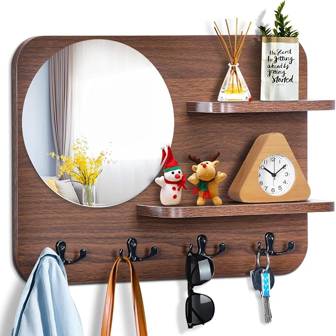 Coat Rack with Shelf Rustic Wooden Wall Mounted Hanging Coat Rack with Mirror Shelves and 4 Double Hooks Decorative Entryway Hook Shelf for Hallway Living Room Bedroom 16"x12" (Brown S)