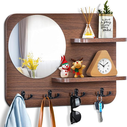 Coat Rack with Shelf Rustic Wooden Wall Mounted Hanging Coat Rack with Mirror Shelves and 4 Double Hooks Decorative Entryway Hook Shelf for Hallway Living Room Bedroom 16"x12" (Brown S)