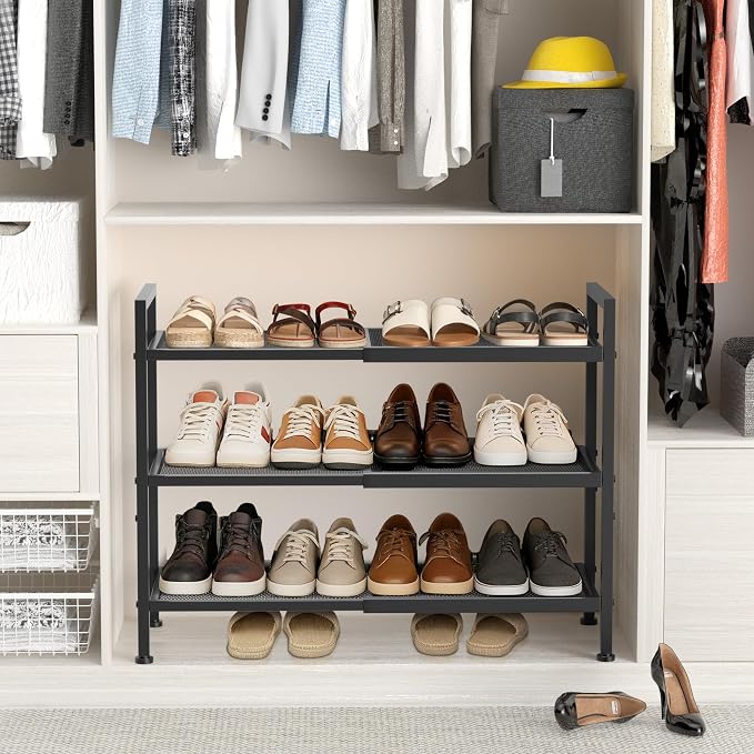 3 Tier Shoe Rack, Expandable Shoe Rack for Closet, Adjustable Shoe Organizer for Entryway, Shoe Storage Organizer for Door Entrance, Garage, Bedroom