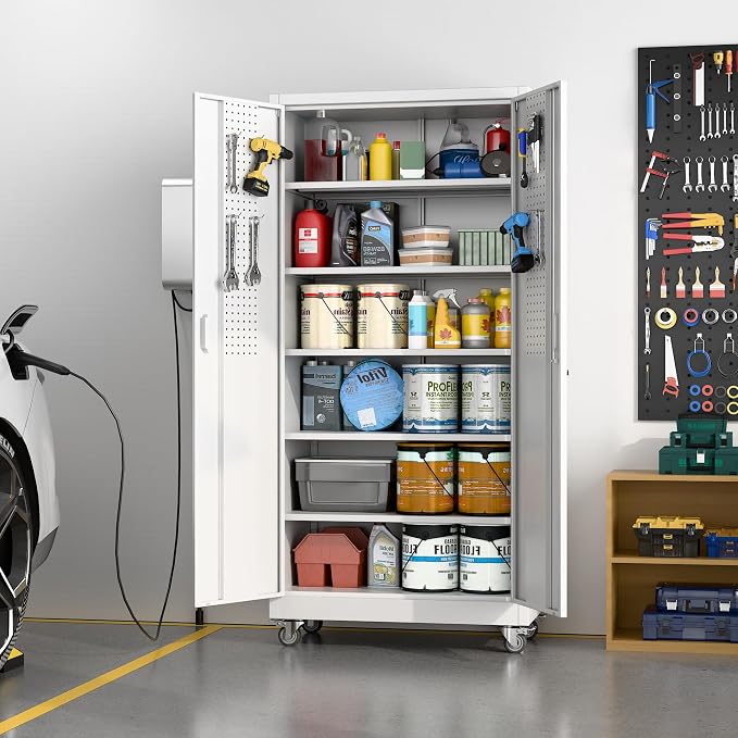 Aobabo 71" White Metal Storage Cabinet with Wheels and Pegboard | 16"D x 32"W x 71"H steel cabinet; lockable doors, 5 adjustable shelves, and wheels for garage, office, pantry.