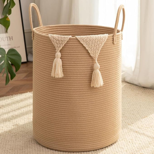OIAHOMY Large Laundry Basket Hamper - 60L Cotton Rope Woven Basket for Blankets, Toys, Clothes - Tall Decorative Nursery Hamper with Long Handles, Yellow