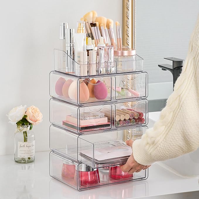 Vtopmart 5 Tier Clear Makeup Organizer with 6 Drawers | Smart Storage Layout, Clear for Better Visibility, Stackable, Large Capacity, for Makeup Lipstick Brush Skincare