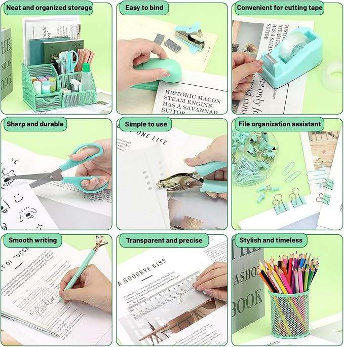 SYMDROMIA 13-in-1 Office Desk Organizer Set with Stapler and Tape Dispenser, Pen Holder, Scissors, Ruler, Hole Punch, 2 Pens & More Desktop Accessories for Back to School Supplies (Green)