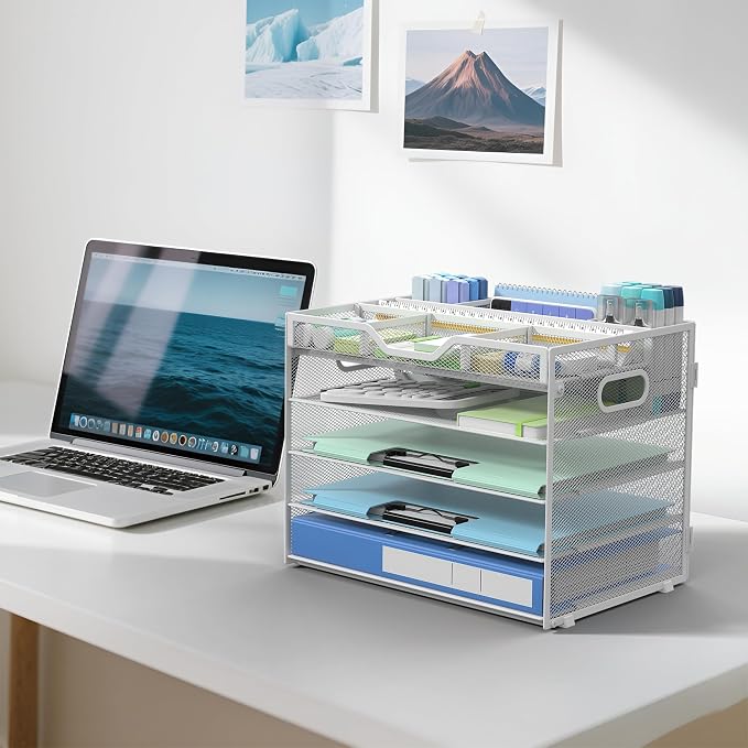 Docnest 5 Tier Mesh Desk Organizer with Removable Tray&Pen Holder, White | Features 3 detachable pen holders and 4 removable dividers.Versatile mesh desktop storage for mail, document,office supplie