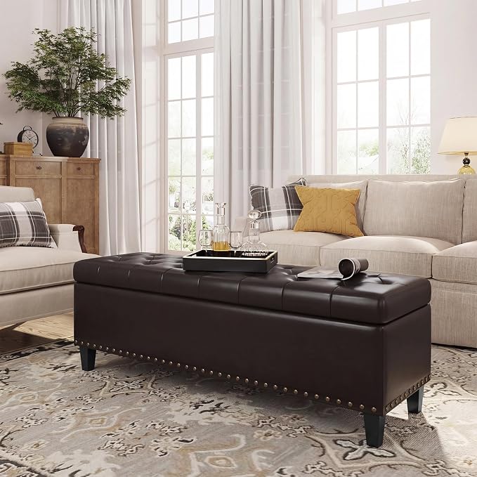 FiveWillowise 51 Inch Storage Ottoman Bench,Large End of Bed Storage Bench | Faux Leather Ottoman with Storage,30 Gallons,Upholstered,with Nailhead Trim,Legs,for Bedroom,Living Room,Entryway,Chocolate
