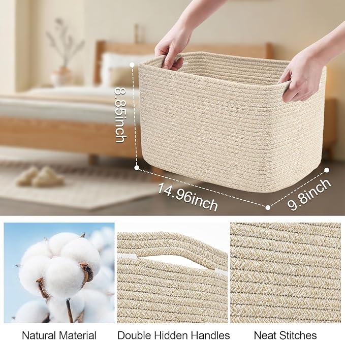 Baskets for Organizing,Storage Baskets,3 Pack Baskets for Shelfves,15"×10"×9" Woven Brown Basket,toy storage bins,bins for organization