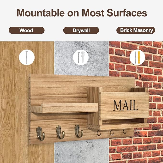 Lwenki Mail Organizer for Wall Mount – Key Holder with Shelf Includes Letter Holder and Hooks for Hallway Farmhouse Decor – Rustic Wood with Flush Mounting Hardware (16.5” x 9.1” x 3.4”) (Wood)