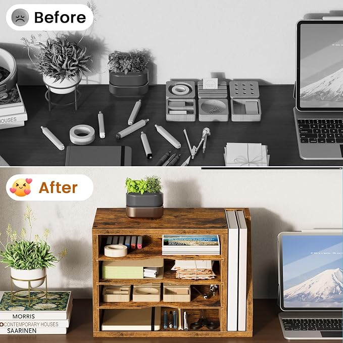 Wooden Mail Organizer, Desk Organizer with 3 Adjustable Shelves | Mail Sorter, File Organizer Desktop, Mail Holder for Home Office, Letter Sorter for Envelopes, Bills, Magazines, Rustic Brown
