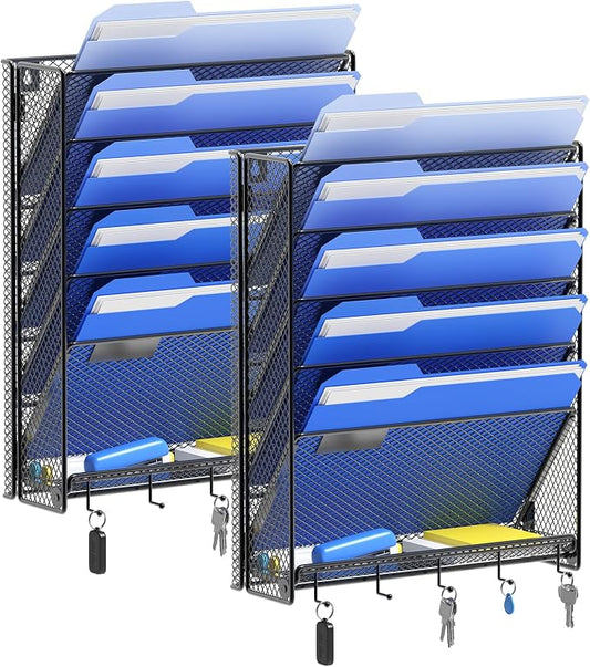 OUTWOLF Hanging Wall File Organizer with Hooks, 6 Tier Vertical Wall Mount File Holder, Paper Document Mail Organizer for Office, Pack of 2