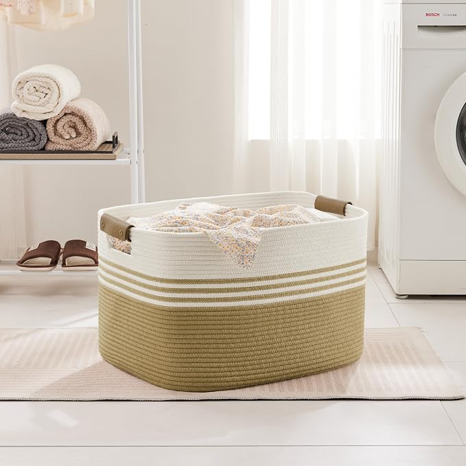 86L Large Woven Laundry Basket Hamper with Leather Handles,Khaki | collapsible wicker hamper, storage for dirty clothes, toys, blankets, gifts, living room, bedroom, bathroom, 24"x16"x14"