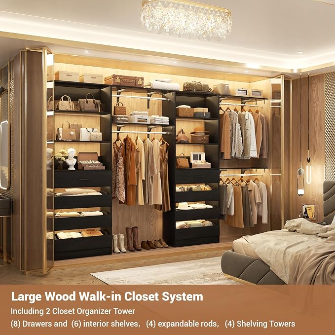Aheaplus Closet System with 8 Wooden Drawers, Wood Closet Organizer System with Tower, Walk-in Closet Organizer Wardrobe Clothes Rack with 4 Hanging Rods, Garment Rack, Cut to Fit 7-12Ft, Black