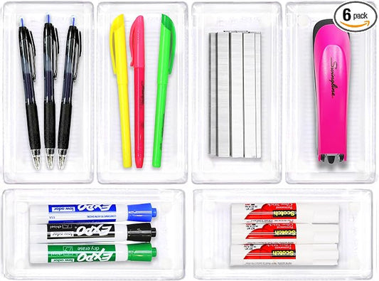 Simple Houseware Clear Desk Drawer Organizer, 3.25"x 6.25", 6 Packs | For Desk, Office, Bathroom, Makeup, and Craft Storage