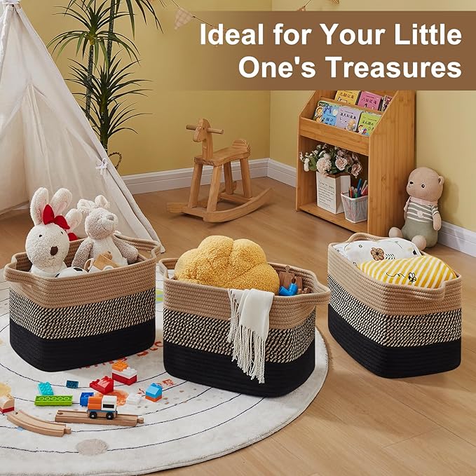 OIASKET Storage Basket for Organizing, Woven Baskets for Storage, Rectangle Decorative Baskets for Shleves, Closet, Toys, Books, Nursery Organizer Bins - Pack of 3 (Black & Brown, 15.75"x11.8"x9.85")