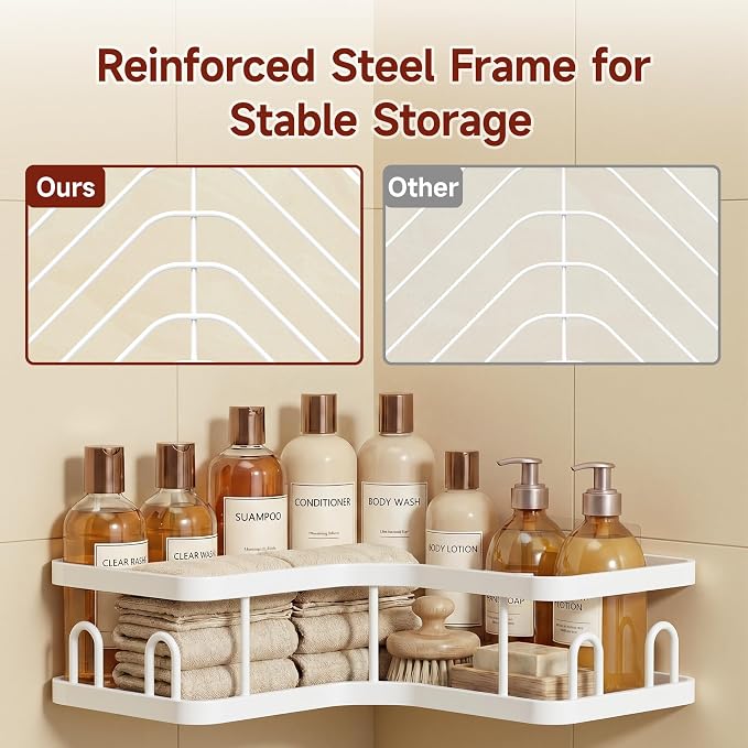 Veken Corner Shower Caddy 3-Pack, Advanced Rustproof Design&Stable Storage | No Drilling Adhesive Shelves, Rack with Soap Holder & Hooks, Thickened Metal Frame, Bathroom Organizers and Storage, White