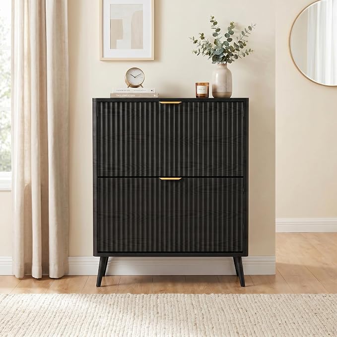 KIGOTY Narrow Shoe Storage Cabinet, Shoe Cabinet with 2 Flip Drawers, Freestanding Shoe Organizer with Legs for Entryway, Slim Shoe Rack Cabinet for Enterway (Black-Gold, 2 Flip Drawer)