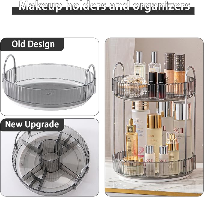 shuang qing Rotating Makeup Organizer for Vanity, High-Capacity Skincare Clear Make Up Storage Perfume Organizers Cosmetic Dresser Organizer Countertop 360 Spinning (Gray, New-2 Tier)