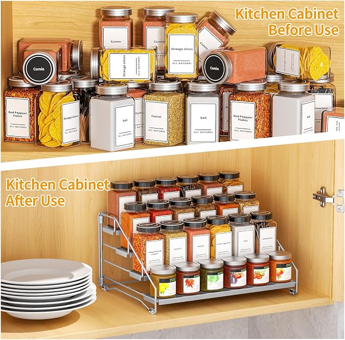 BOIVSHI 4 Tier Spice Rack for Cabinet, Spice Rack Organizer, Depth Adjustable Spice Organizer for Countertop, Cupboard, Pantry, Seasoning Shelf, Metal, Gray (1 Pack)