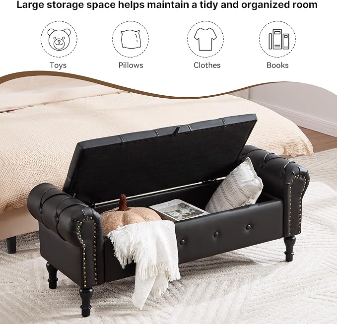 Storage Bench 51" Faux Leather End of Bed Benches Obsidian Black | Queen Size Storage Bench for Bedroom with Rolled Arms Tufted Ottoman Benches Upholstered Bench for Living Room Entryway