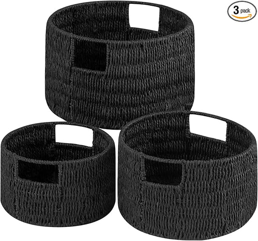 Wicker Storage Basket, Hand-Woven Paper Rope Large Round Woven Basket With Handles, Wicker Baskets for Organizing/Storage, Black, 3-Pack