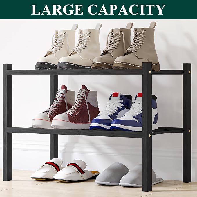 Smiry Bamboo Shoe Rack, 12 Vertical Slats, 2 Tier - 17.3" Wide, Black | Stackable Free Standing Wooden Shoe Organizer, Wood Shoe Storage Shelf for Closet, Entryway
