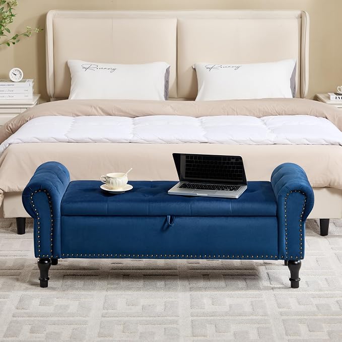 Storage Bench for Bedroom, 51" Upholstered End of Bed Bench, Velvet Queen Size Benches with Rolled Arms, Tufted Button Storage Long Ottoman, Living Room, Entryway, Blue