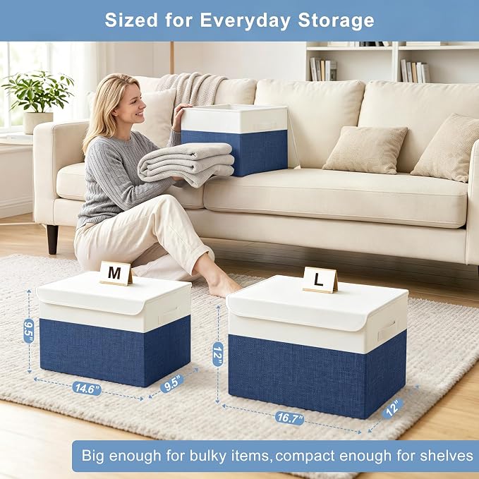 Bagnizer Large 22 Quart Linen Fabric Foldable Storage Bin Cube Organizer Basket with Flip-Top Lid & Handles, Clothes Blanket Box for Home, Office, Closet, Navy Blue & White, 4 Pack 14.6 x 9.5 x 9.5