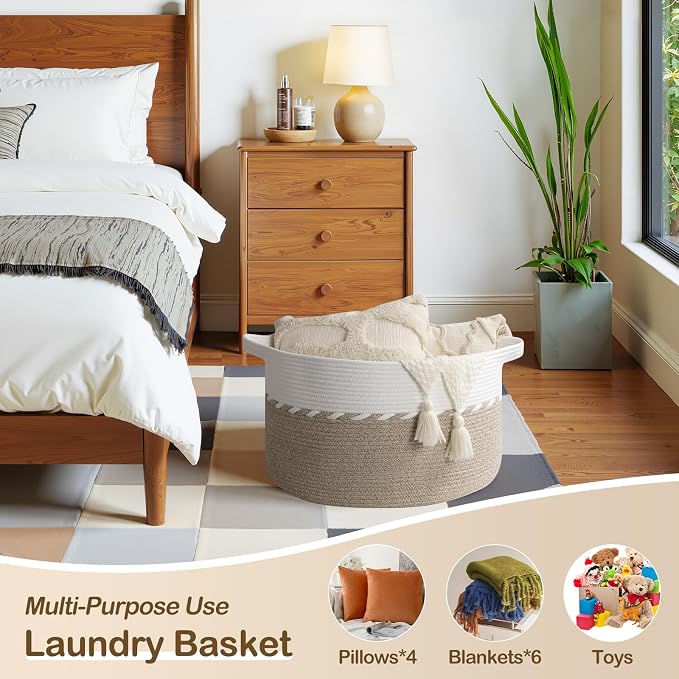 OIAHOMY 90L Extra Large Blanket Basket - Decorative Cotton Rope Storage Basket for Bedroom, Living Room & Nursery - Woven Laundry Hamper for Organizing Blankets, Clothes & Toys - Light Brown & White